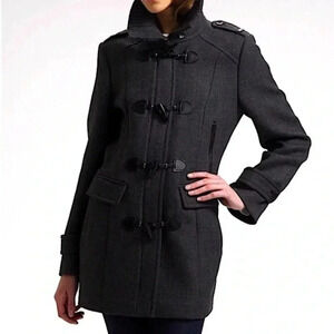 Cole Haan 100% Wool Black Winter Coat Toggle Genuine Leather Trim Duffle Coat